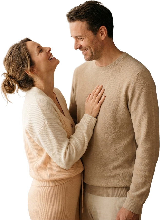 A couple sharing a warm, rested moment, both Dumbo Health members